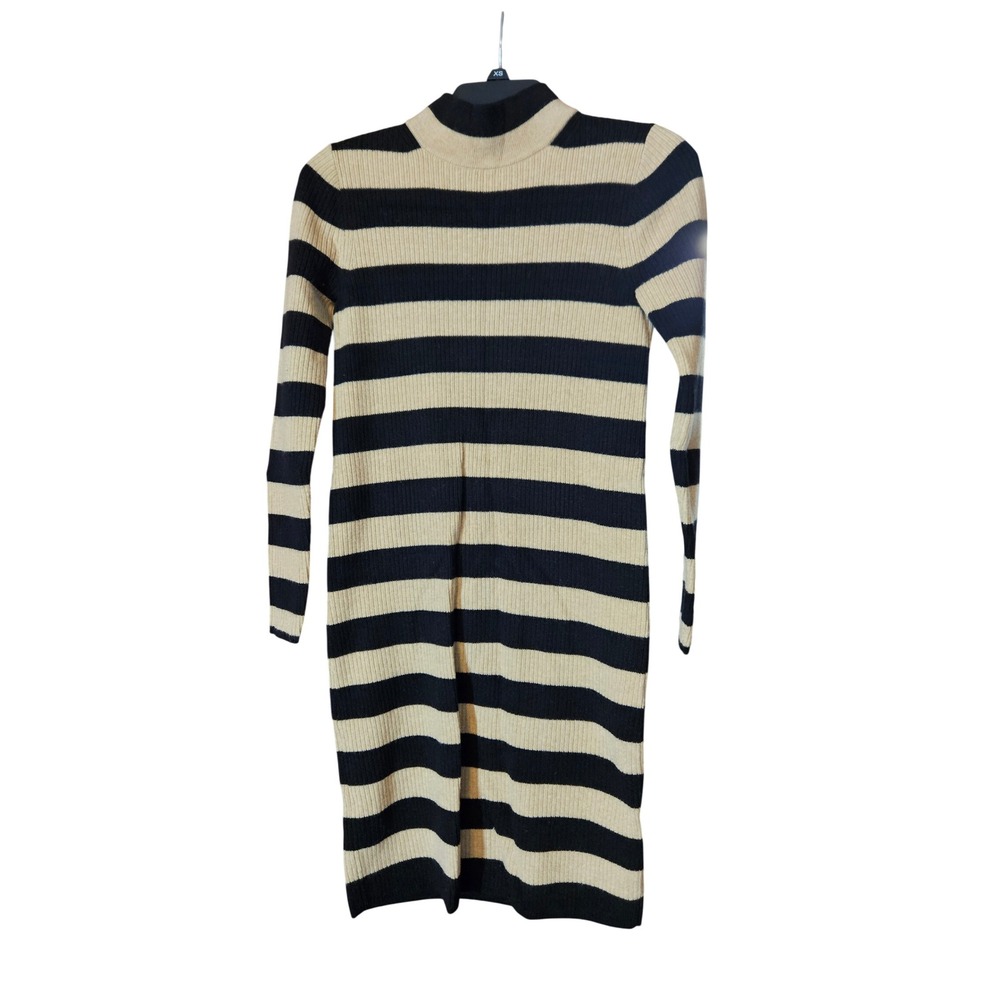 J.Crew Striped Mock Neck Ribbed Sweater Dress Tan Black Wool Blend XS